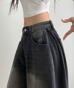 극세사융기모 제드 융기모 사이드핀턱 캣브러쉬 워싱 스냅버튼 조거 와이드 벌룬핏 데님 팬츠 블랙