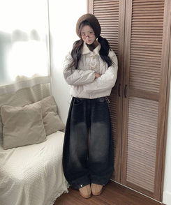 극세사융기모 제드 융기모 사이드핀턱 캣브러쉬 워싱 스냅버튼 조거 와이드 벌룬핏 데님 팬츠 블랙