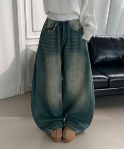 극세사융기모 제드 융기모 사이드핀턱 캣브러쉬 워싱 스냅버튼 조거 와이드 벌룬핏 데님 팬츠 중청