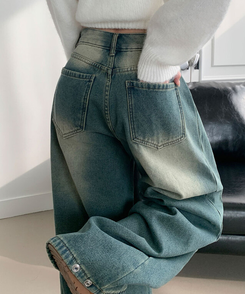 극세사융기모 제드 융기모 사이드핀턱 캣브러쉬 워싱 스냅버튼 조거 와이드 벌룬핏 데님 팬츠 중청