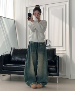 극세사융기모 제드 융기모 사이드핀턱 캣브러쉬 워싱 스냅버튼 조거 와이드 벌룬핏 데님 팬츠 중청