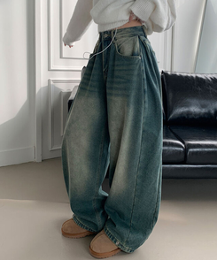 극세사융기모 제드 융기모 사이드핀턱 캣브러쉬 워싱 스냅버튼 조거 와이드 벌룬핏 데님 팬츠 중청