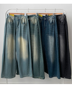 극세사융기모 제드 융기모 사이드핀턱 캣브러쉬 워싱 스냅버튼 조거 와이드 벌룬핏 데님 팬츠