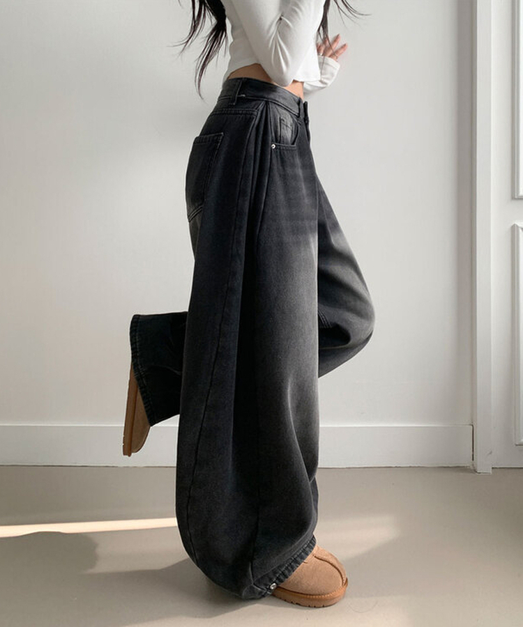 극세사융기모 제드 융기모 사이드핀턱 캣브러쉬 워싱 스냅버튼 조거 와이드 벌룬핏 데님 팬츠 블랙