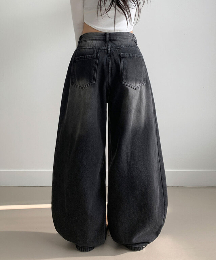 극세사융기모 제드 융기모 사이드핀턱 캣브러쉬 워싱 스냅버튼 조거 와이드 벌룬핏 데님 팬츠 블랙