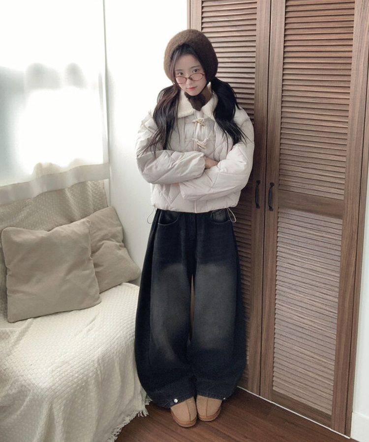 극세사융기모 제드 융기모 사이드핀턱 캣브러쉬 워싱 스냅버튼 조거 와이드 벌룬핏 데님 팬츠 블랙