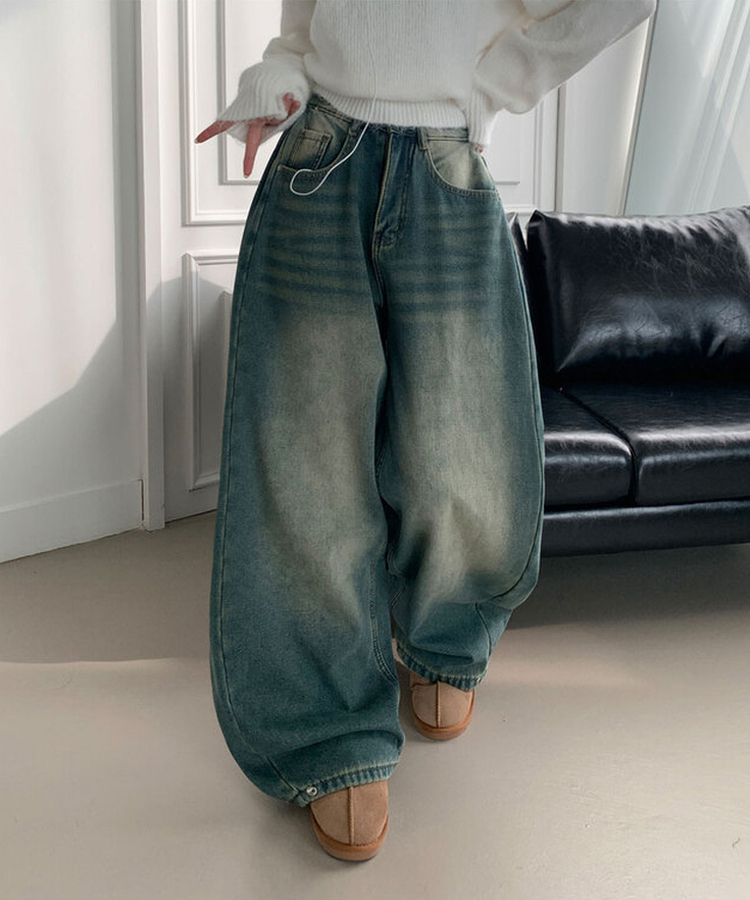 극세사융기모 제드 융기모 사이드핀턱 캣브러쉬 워싱 스냅버튼 조거 와이드 벌룬핏 데님 팬츠 중청