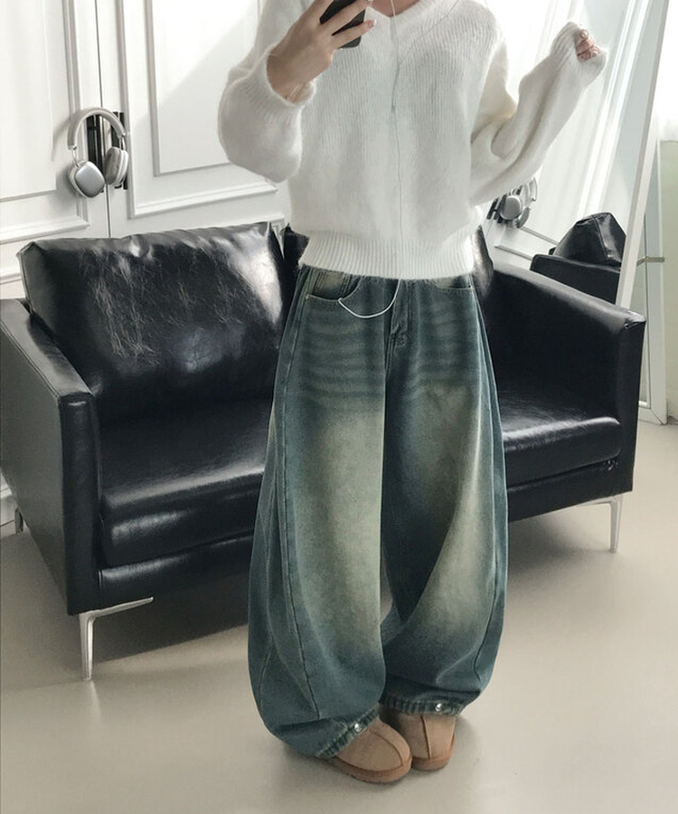 극세사융기모 제드 융기모 사이드핀턱 캣브러쉬 워싱 스냅버튼 조거 와이드 벌룬핏 데님 팬츠 중청