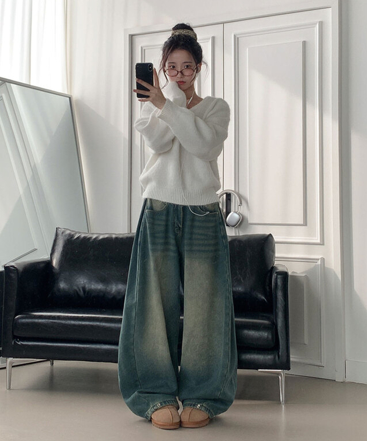 극세사융기모 제드 융기모 사이드핀턱 캣브러쉬 워싱 스냅버튼 조거 와이드 벌룬핏 데님 팬츠 중청