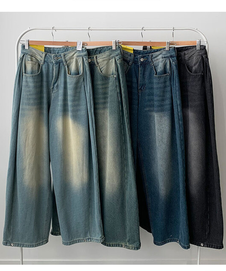 극세사융기모 제드 융기모 사이드핀턱 캣브러쉬 워싱 스냅버튼 조거 와이드 벌룬핏 데님 팬츠