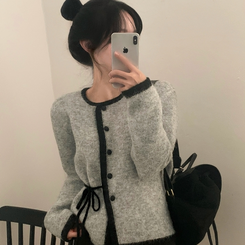 프레젠트 리본 배색 울 라운드넥 니트가디건 그레이