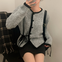 프레젠트 리본 배색 울 라운드넥 니트가디건 그레이