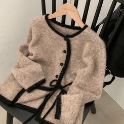 프레젠트 리본 배색 울 라운드넥 니트가디건