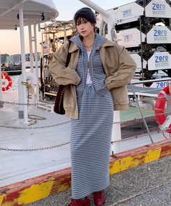 【起毛】ストライプウォーマーフードジャンパー  SOFT BLUE