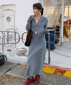 【起毛】ストライプウォーマーフードジャンパー  SOFT BLUE