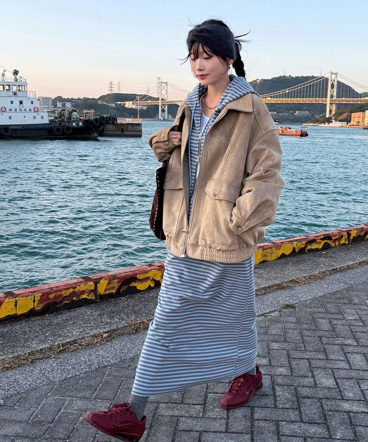 【起毛】ストライプウォーマーフードジャンパー  SOFT BLUE