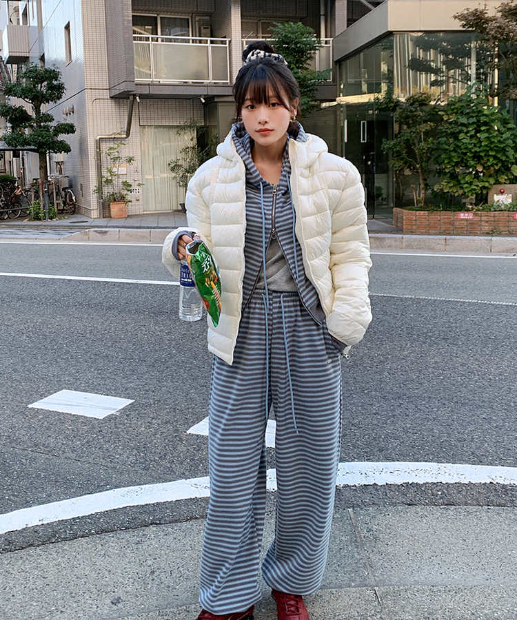 【起毛】ストライプウォーマーフードジャンパー  SOFT BLUE