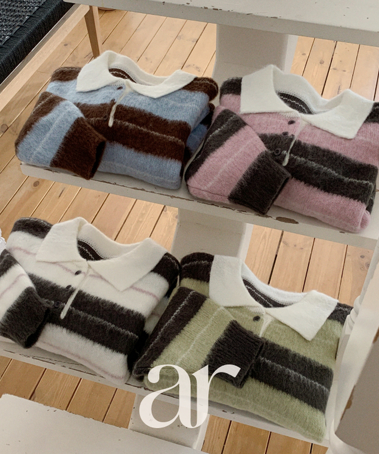 nt5321 (포인트룩추천♥/포근여리핏) 홀린 브러쉬 배색 스트라이프 카라넥 버튼 긴팔 니트