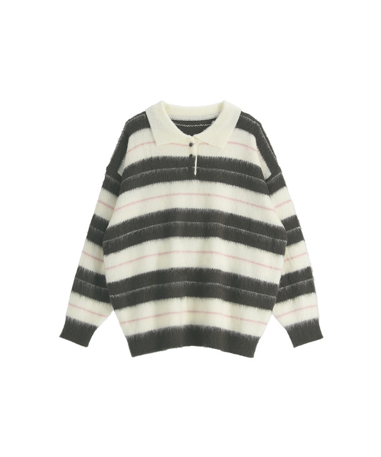 nt5321 (포인트룩추천♥/포근여리핏) 홀린 브러쉬 배색 스트라이프 카라넥 버튼 긴팔 니트