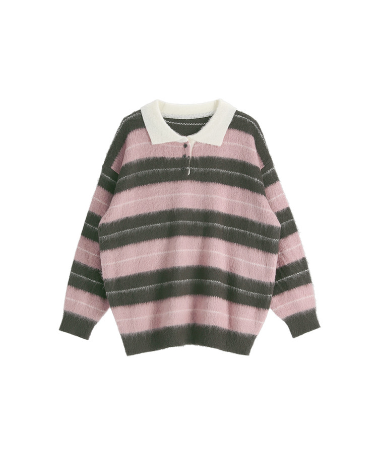 nt5321 (포인트룩추천♥/포근여리핏) 홀린 브러쉬 배색 스트라이프 카라넥 버튼 긴팔 니트