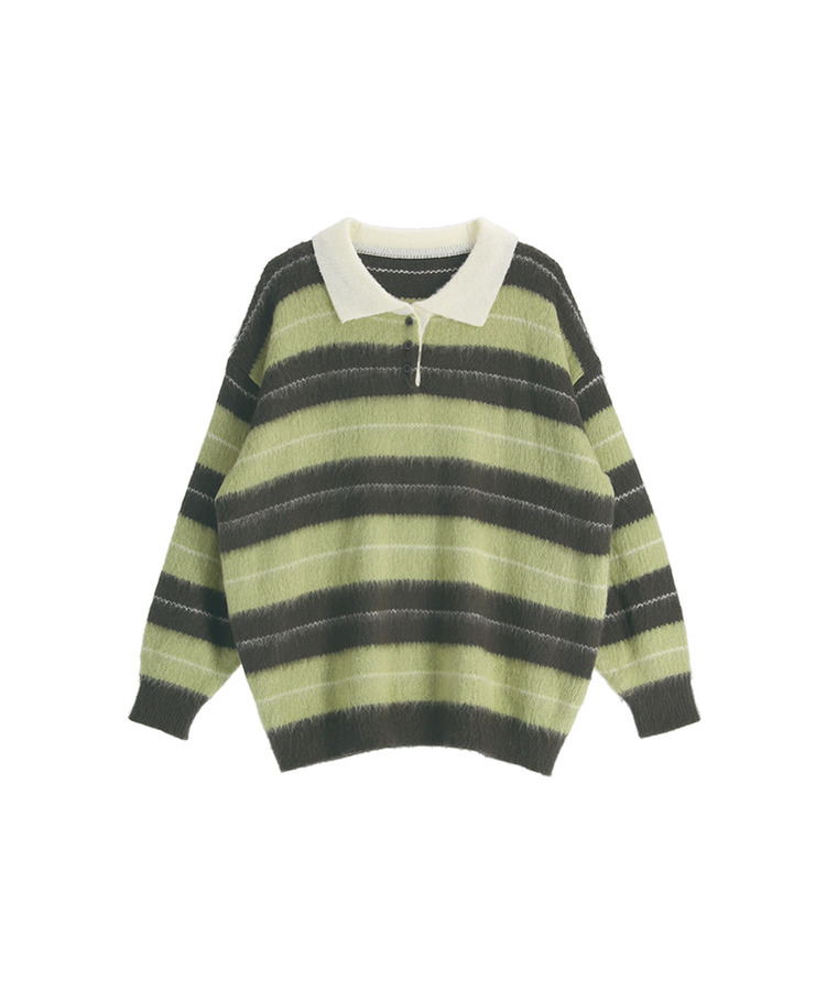 nt5321 (포인트룩추천♥/포근여리핏) 홀린 브러쉬 배색 스트라이프 카라넥 버튼 긴팔 니트