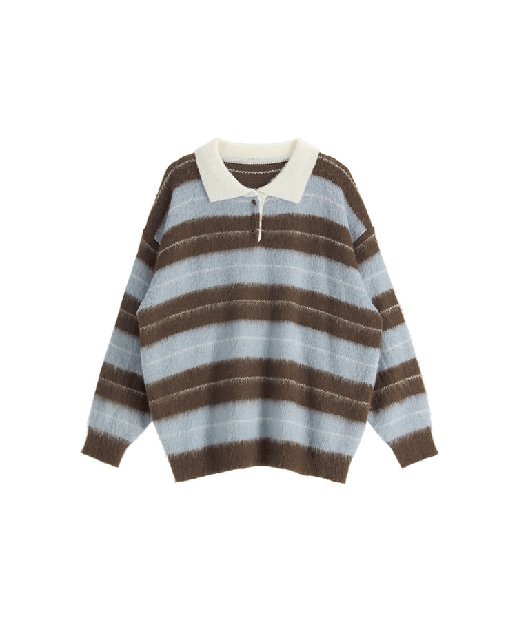 nt5321 (포인트룩추천♥/포근여리핏) 홀린 브러쉬 배색 스트라이프 카라넥 버튼 긴팔 니트