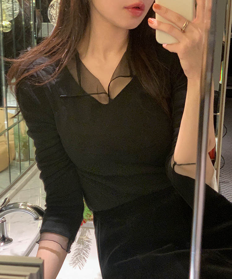 （華奢見えシルエット／伸縮性あり）ヘイラ メッシュカラーロングTシャツ BLACK