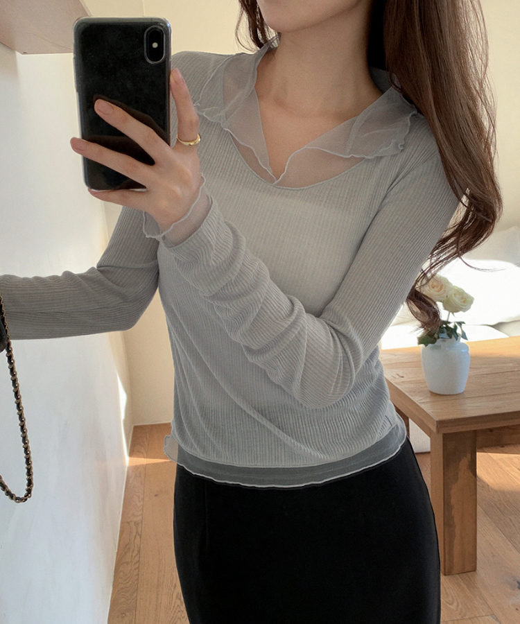 （華奢見えシルエット／伸縮性あり）ヘイラ メッシュカラーロングTシャツ GRAY