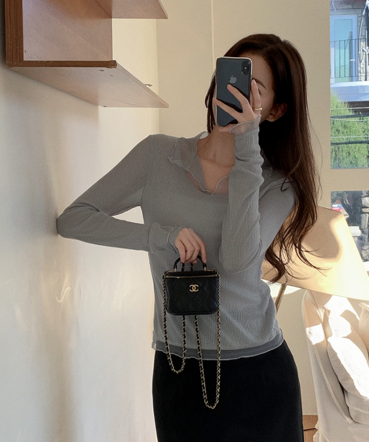 （華奢見えシルエット／伸縮性あり）ヘイラ メッシュカラーロングTシャツ GRAY