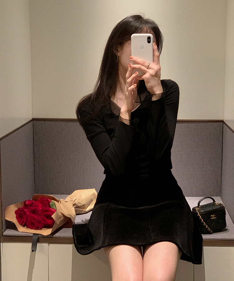 （華奢見えシルエット／伸縮性あり）ヘイラ メッシュカラーロングTシャツ BLACK