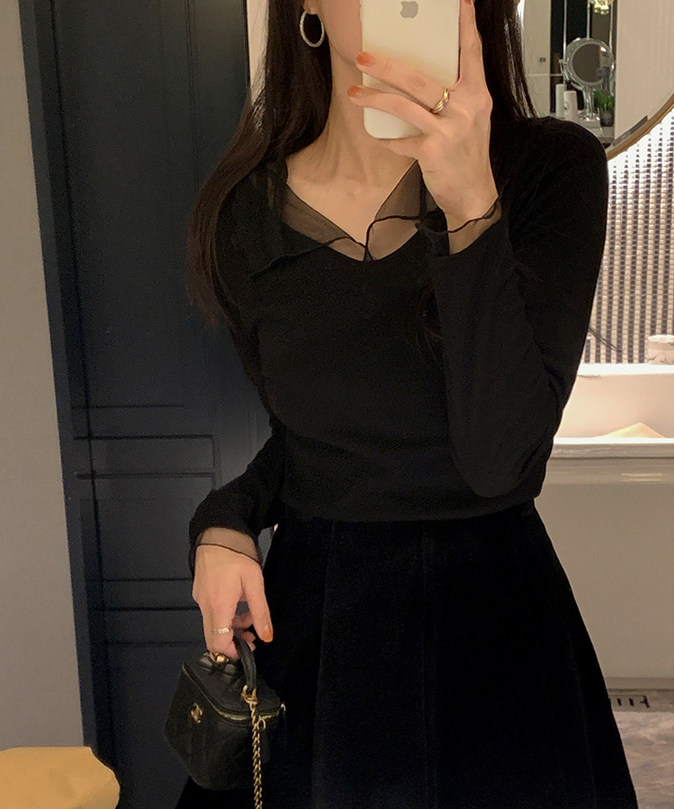 （華奢見えシルエット／伸縮性あり）ヘイラ メッシュカラーロングTシャツ BLACK