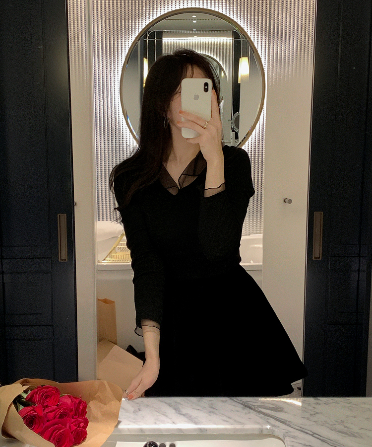 （華奢見えシルエット／伸縮性あり）ヘイラ メッシュカラーロングTシャツ BLACK