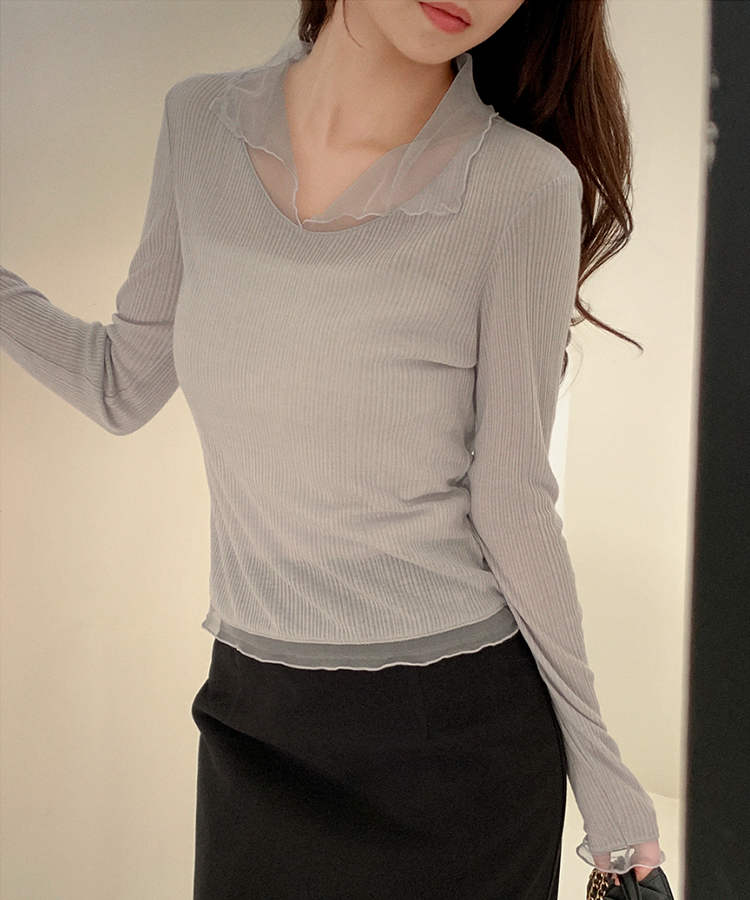 （華奢見えシルエット／伸縮性あり）ヘイラ メッシュカラーロングTシャツ GRAY