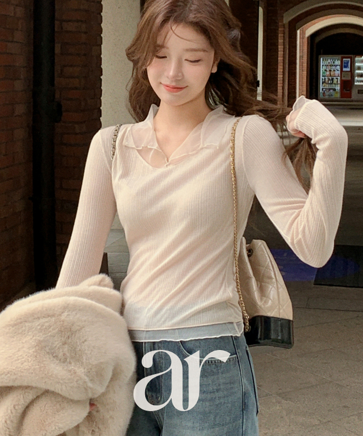 （華奢見えシルエット／伸縮性あり）ヘイラ メッシュカラーロングTシャツ CREAM