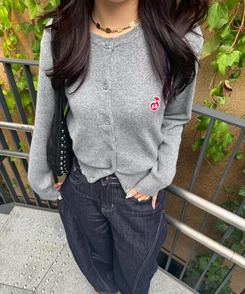 【❤️MADE】 刺繍ラウンドネックカーディガン GRAY