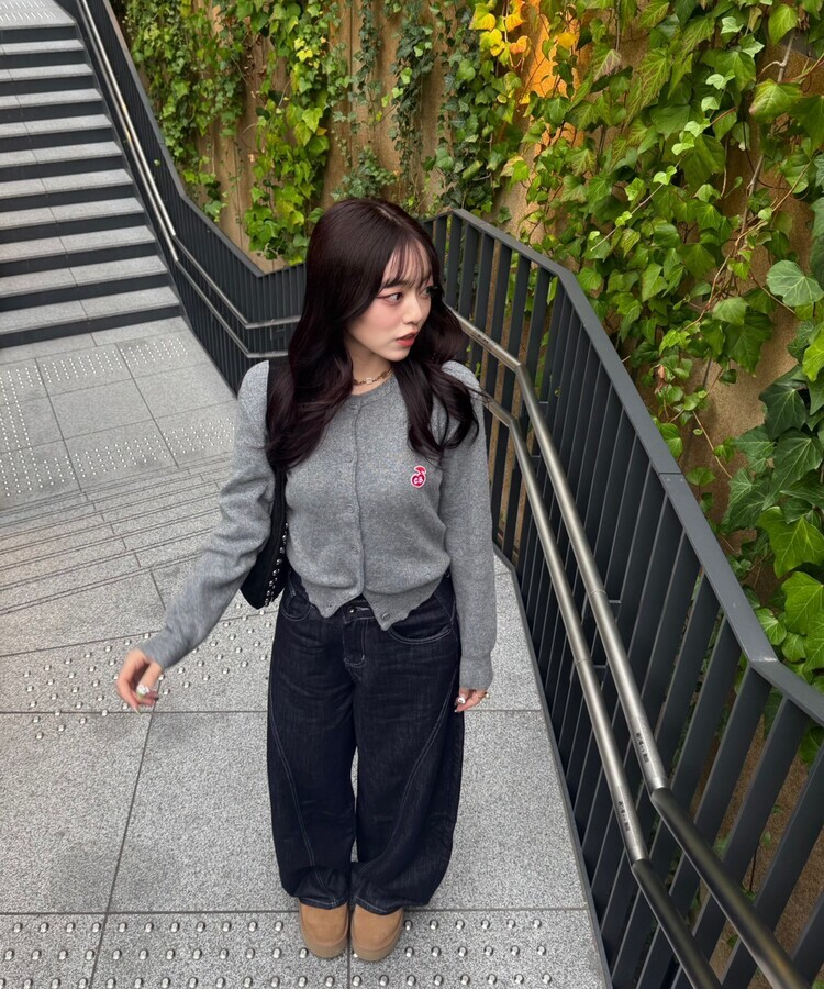 【❤️MADE】 刺繍ラウンドネックカーディガン GRAY