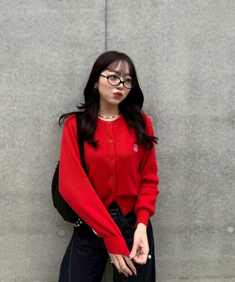 【❤️MADE】 刺繍ラウンドネックカーディガン RED