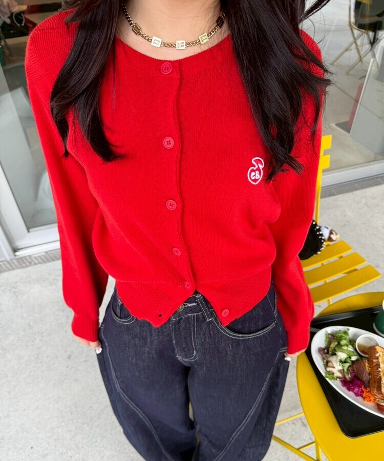 【❤️MADE】 刺繍ラウンドネックカーディガン RED