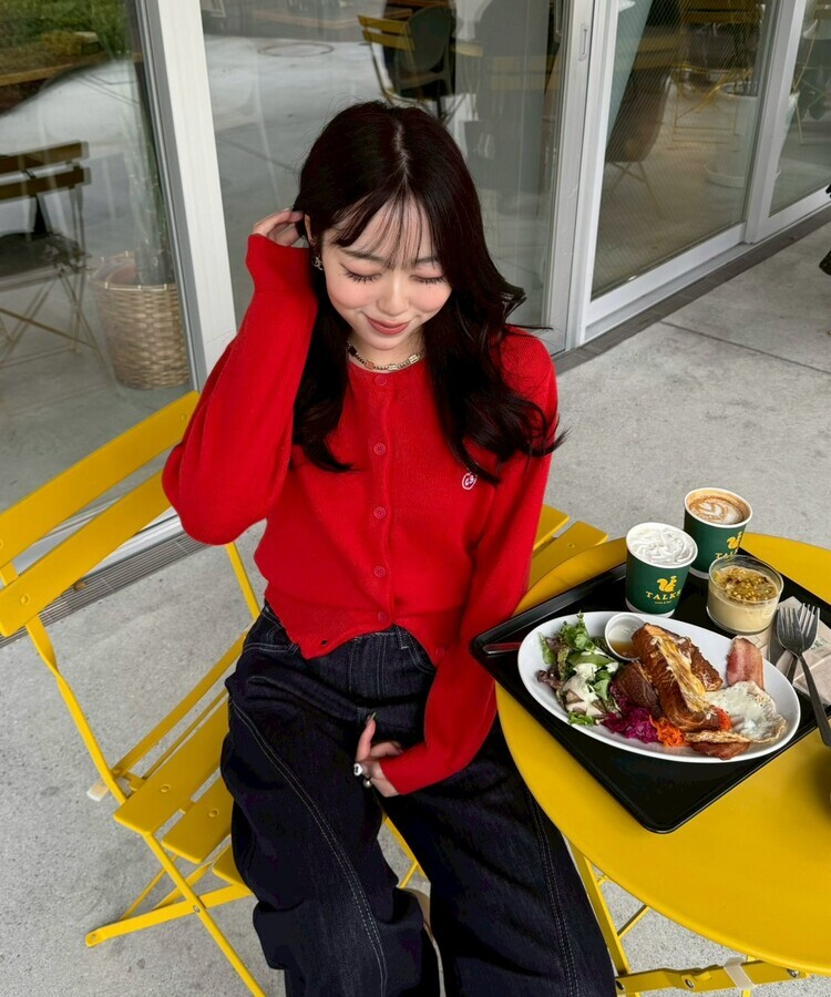 【❤️MADE】 刺繍ラウンドネックカーディガン RED