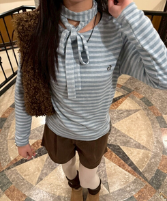 【❤️MADE/SET】ブローチ付きストライプＴシャツ SKY BLUE