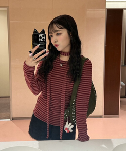 【❤️MADE/SET】ブローチ付きストライプＴシャツ RED