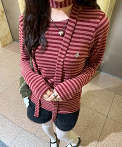 【❤️MADE/SET】ブローチ付きストライプＴシャツ RED