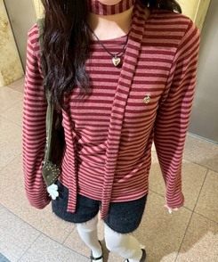 【❤️MADE/SET】ブローチ付きストライプＴシャツ RED