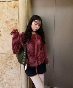 【❤️MADE/SET】ブローチ付きストライプＴシャツ RED