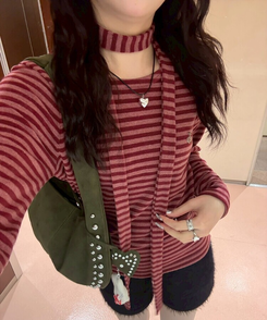 【❤️MADE/SET】ブローチ付きストライプＴシャツ RED