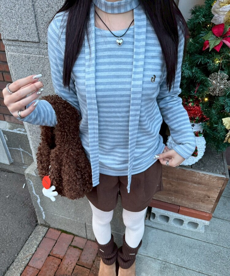 【❤️MADE/SET】ブローチ付きストライプＴシャツ SKY BLUE