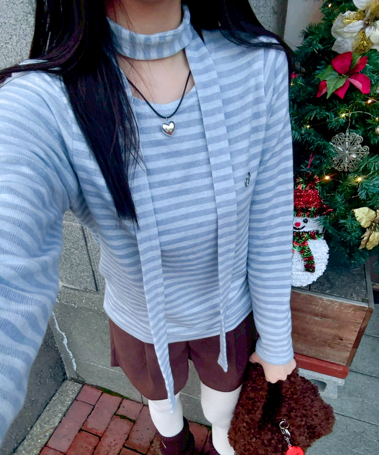 【❤️MADE/SET】ブローチ付きストライプＴシャツ SKY BLUE