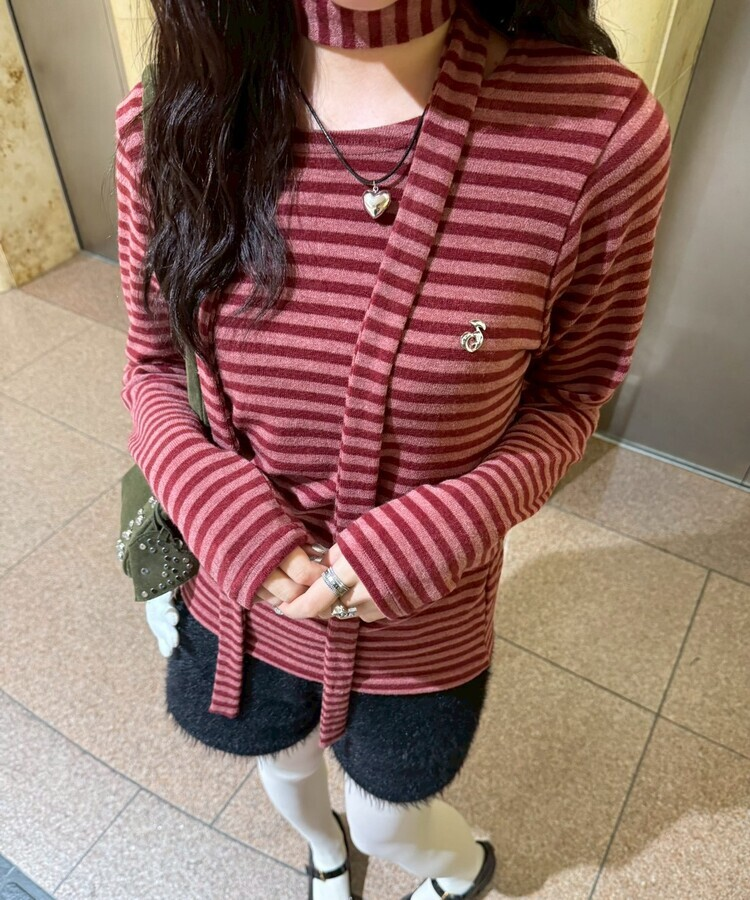 【❤️MADE/SET】ブローチ付きストライプＴシャツ RED