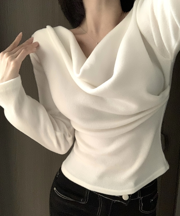 라라 드레이프 언발 셔링 긴팔 무지 블라우스 니트 티셔츠