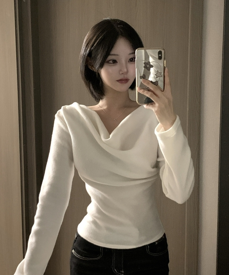 라라 드레이프 언발 셔링 긴팔 무지 블라우스 니트 티셔츠